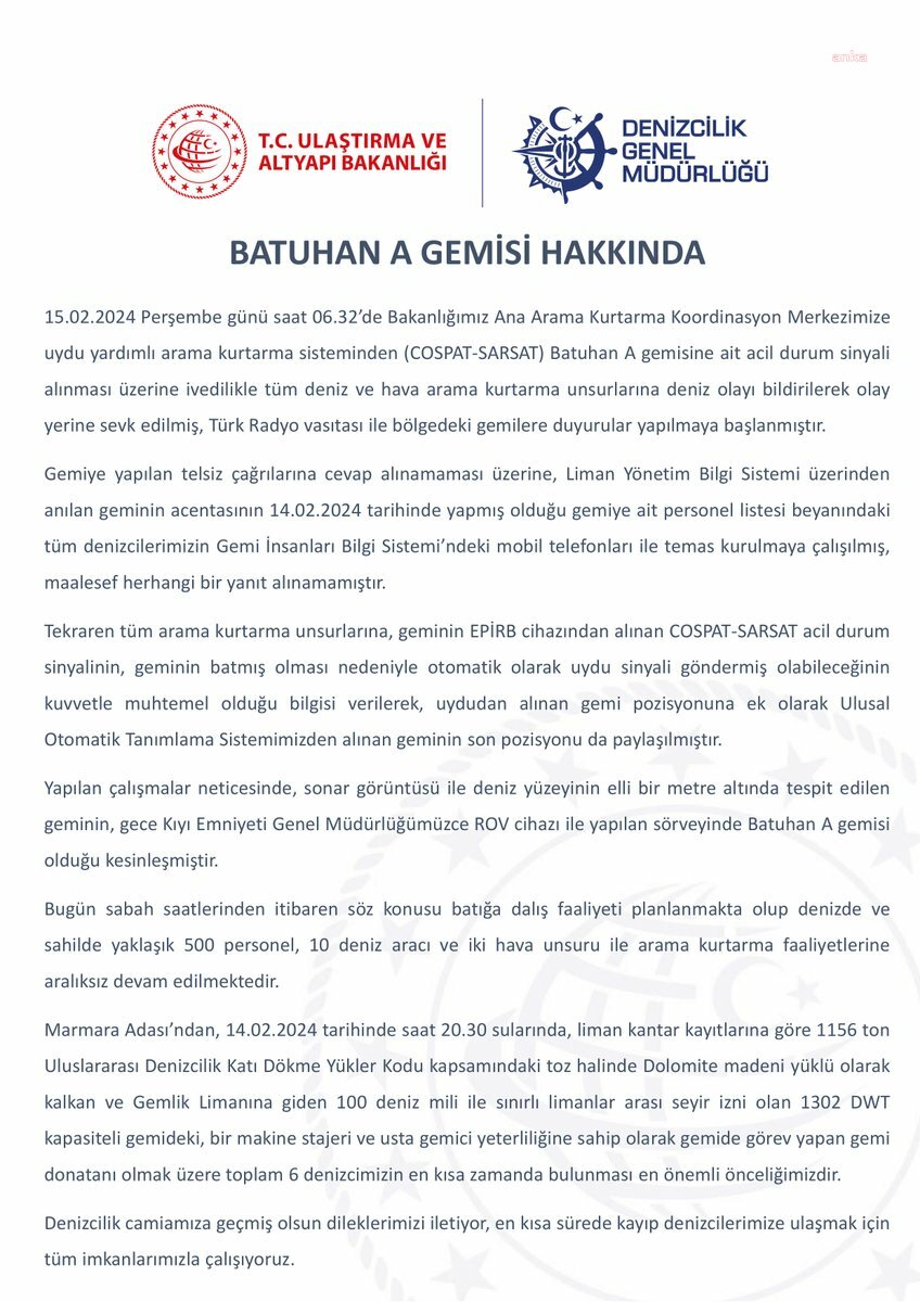 DENİZCİLİK GENEL MÜDÜRLÜĞÜ: BATIK GEMİNİN 'BATUHAN A' OLDUĞU NETLEŞTİ