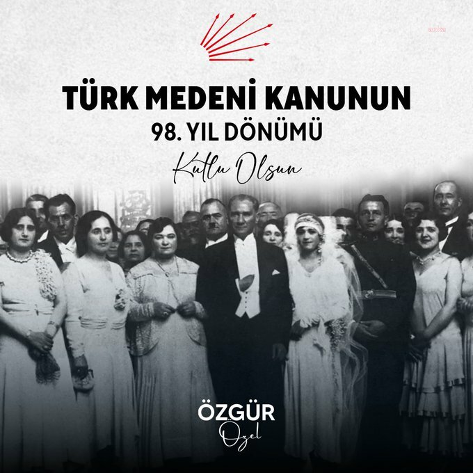 ÖZGÜR ÖZEL: "KADIN ERKEK EŞİTLİĞİ KONUSUNDA ÇAĞININ ÇOK ÖTESİNDE ADIMLAR ATILABİLMESİNE OLANAK SAĞLAMIŞ MEDENİ KANUN'UN KABULÜNÜN 98'İNCİ YIL DÖNÜMÜNÜ KUTLUYORUM"