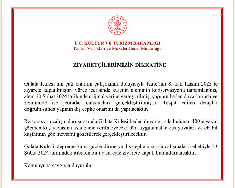 GALATA KULESİ BİR AY ZİYARETE KAPATILACAK