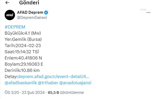 BURSA'DA 4.1 BÜYÜKLÜĞÜNDE DEPREM MEYDANA GELDİ