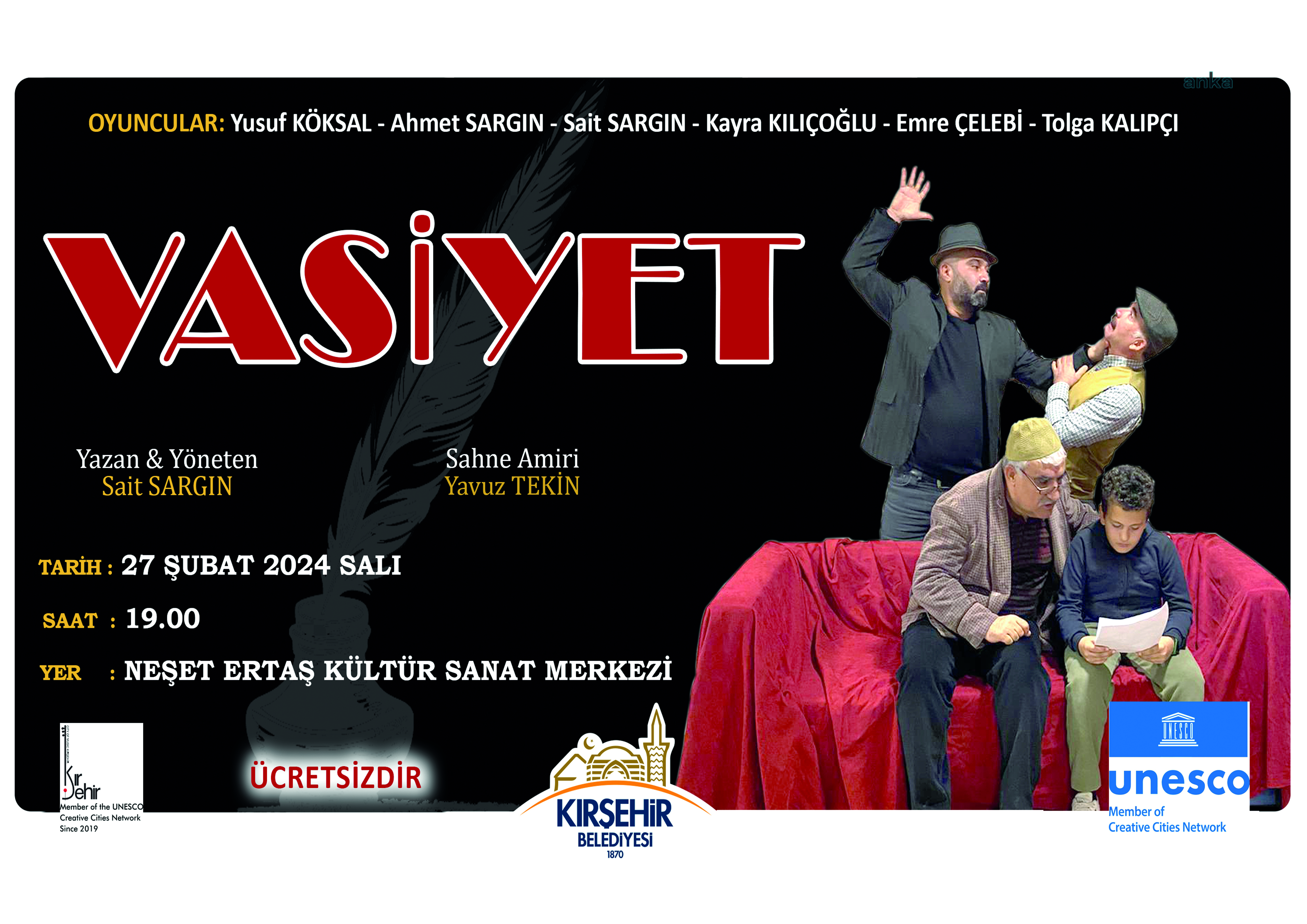 KIRŞEHİR BELEDİYESİ ŞEHİR TİYATROLARI, "VASİYET" OYUNUYLA SEYİRCİYLE BULUŞUYOR