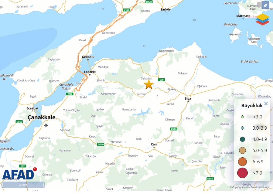 ÇANAKKALE BİGA'DA 4,6 BÜYÜKLÜĞÜNDE DEPREM