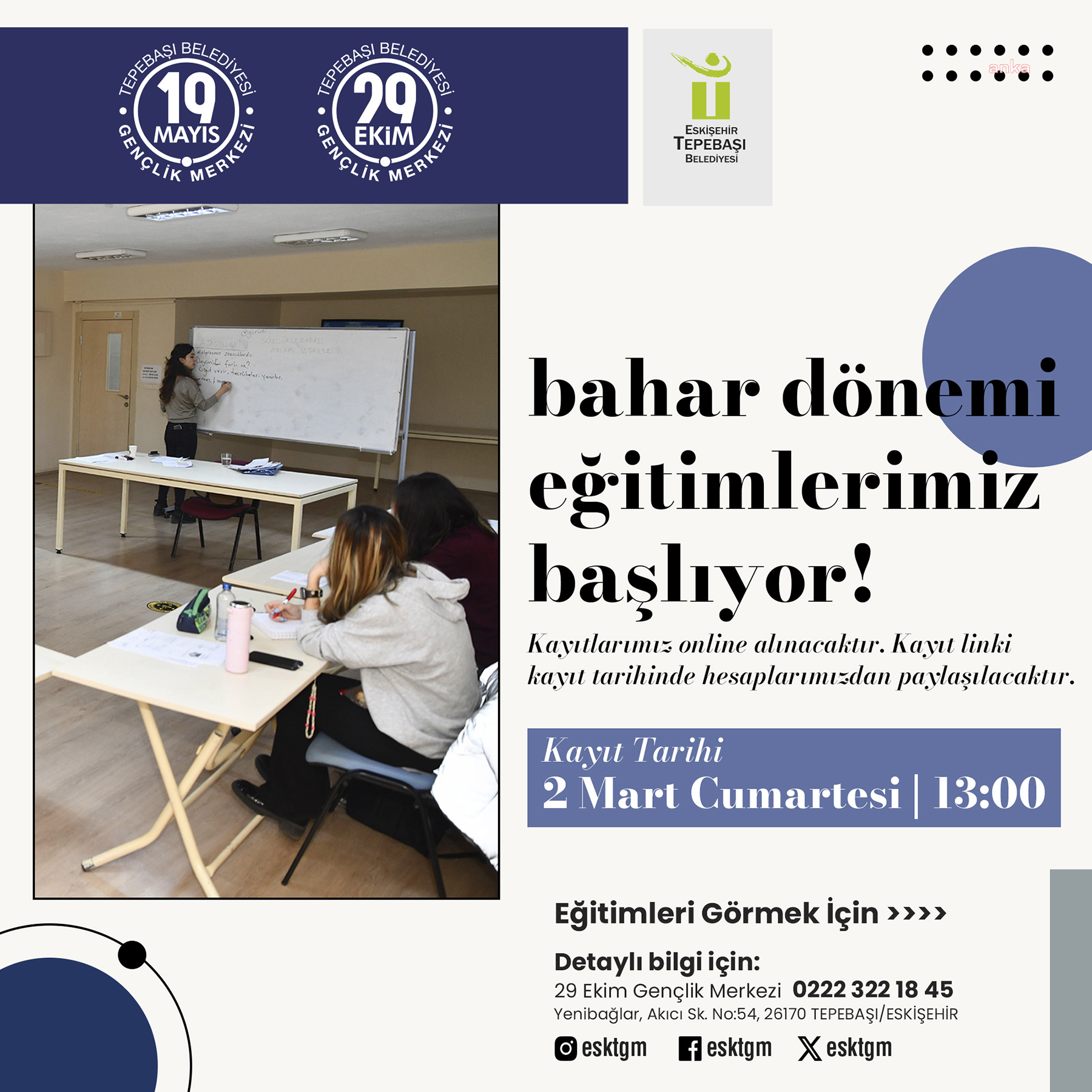 TEPEBAŞI BELEDİYESİ GENÇLİK MERKEZLERİ’NDE BAHAR DÖNEMİ EĞİTİMLERİ İÇİN KAYITLAR BAŞLIYOR