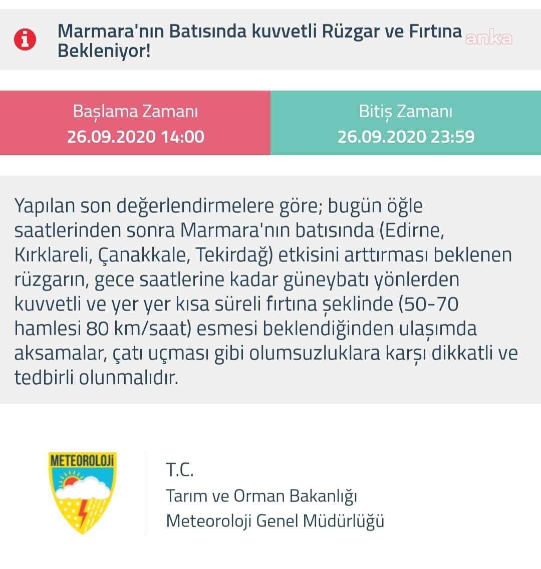 METEOROLOJİ'DEN KUVVETLİ RÜZGAR VE FIRTINA UYARISI
