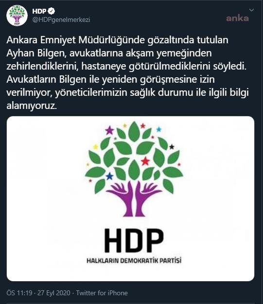 HDP: AYHAN BİLGEN, AVUKATLARINA YEMEKTEN ZEHİRLENDİKLERİNİ VE HASTANEYE GÖTÜRÜLMEDİKLERİNİ SÖYLEDİ