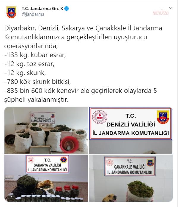 JANDARMA GENEL KOMUTANLIĞI; DİYARBAKIR, DENİZLİ VE ÇANAKKALE'DE UYUŞTURUCU OPERASYONU DÜZENLEDİ