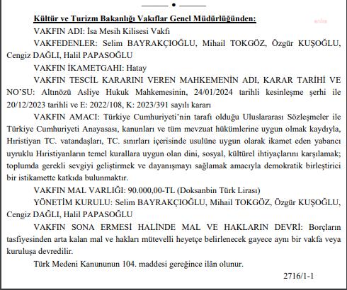 ''İSA MESİH KİLİSESİ VAKFI'' KURULDU