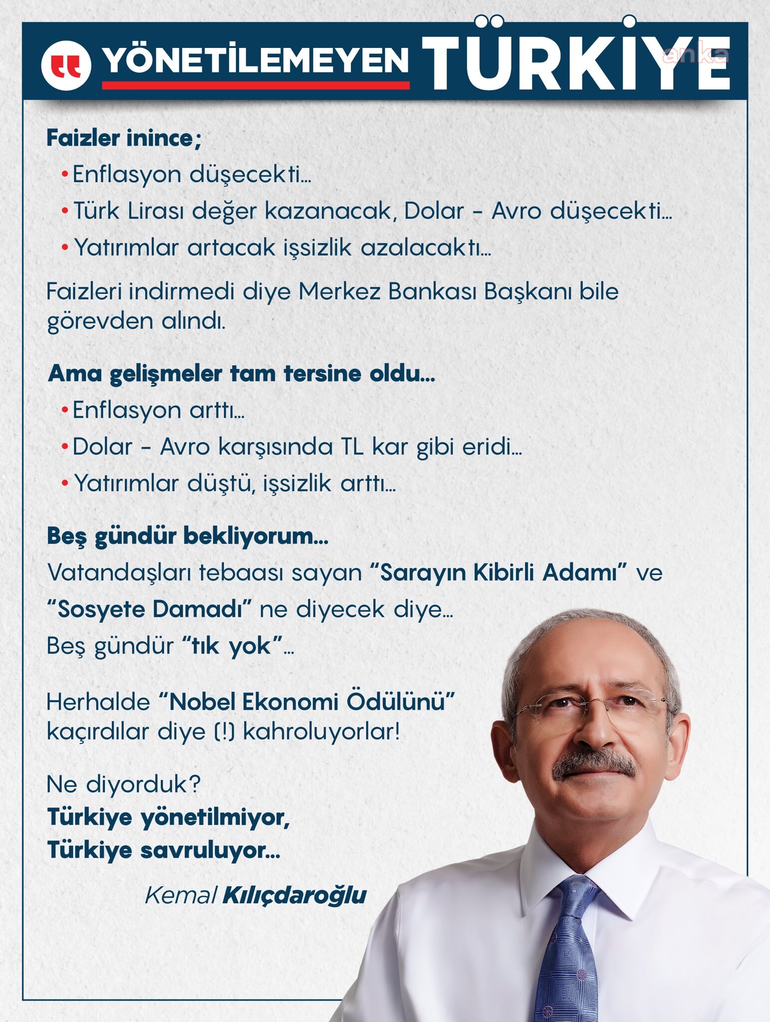 KILIÇDAROĞLU: TÜRKİYE YÖNETİLMİYOR, SAVRULUYOR