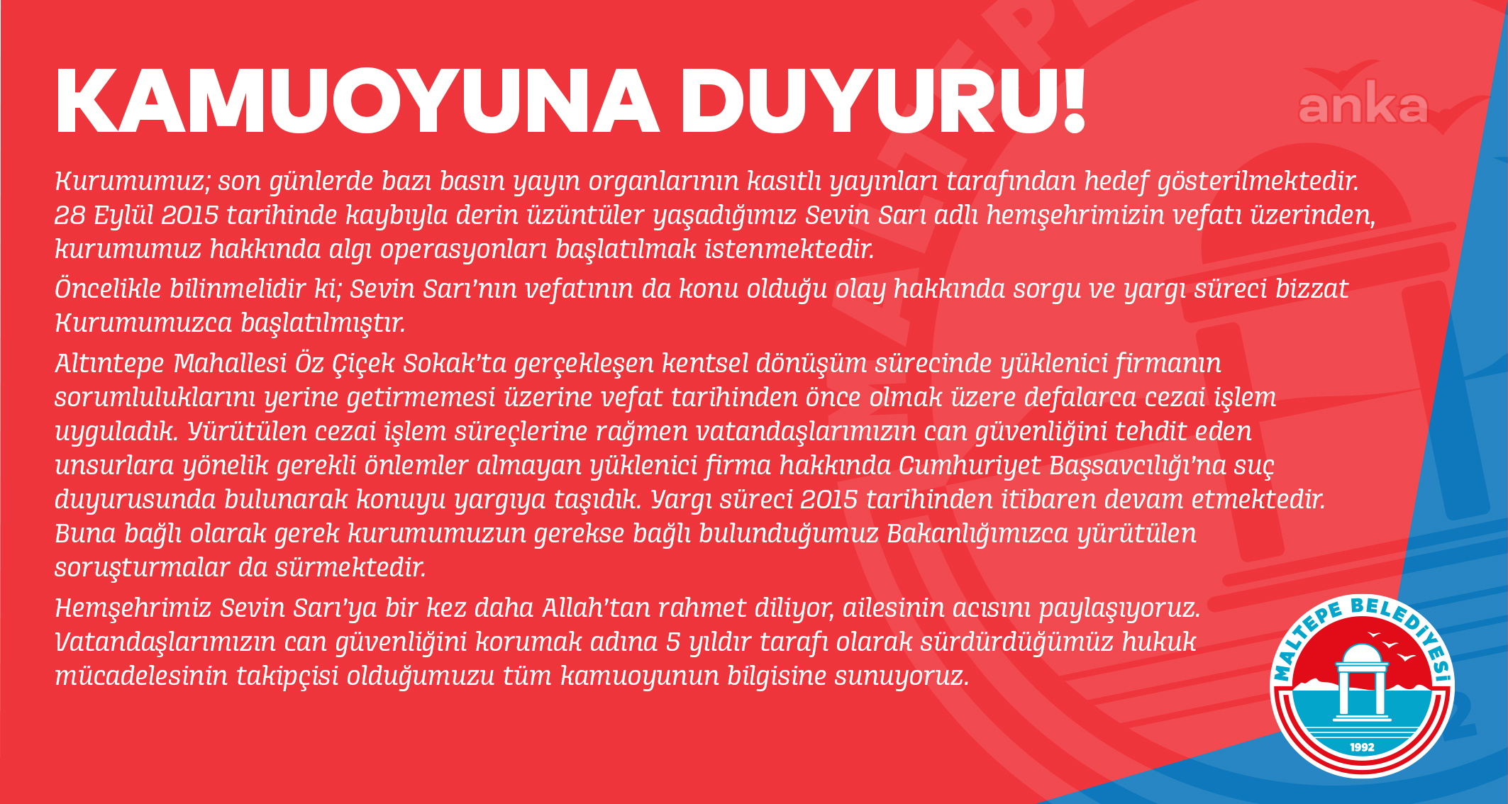 MALTEPE BELEDİYESİ'NDEN SEVİN SARI AÇIKLAMASI