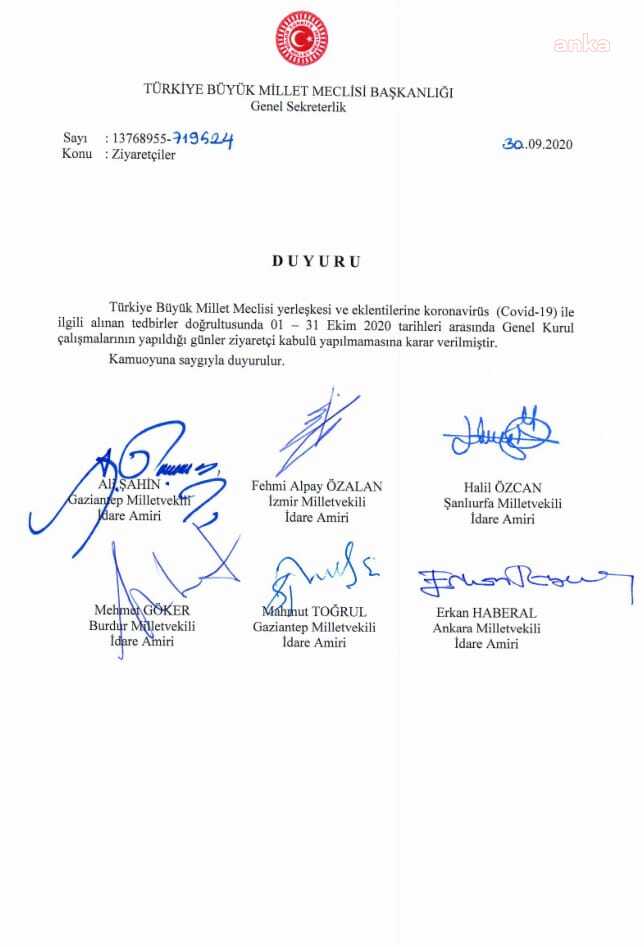 TBMM’DE GENEL KURUL GÜNLERİNDE ZİYARETÇİ KABULÜ YASAK