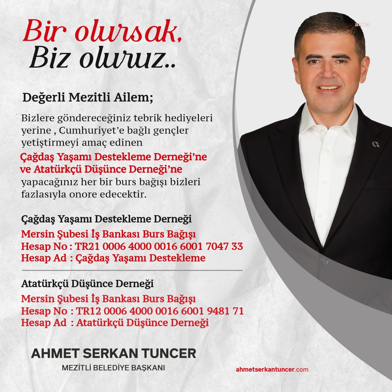 MEZİTLİ BELEDİYE BAŞKANI TUNCER’DEN HEDİYE YERİNE BAĞIŞ ÇAĞRISI