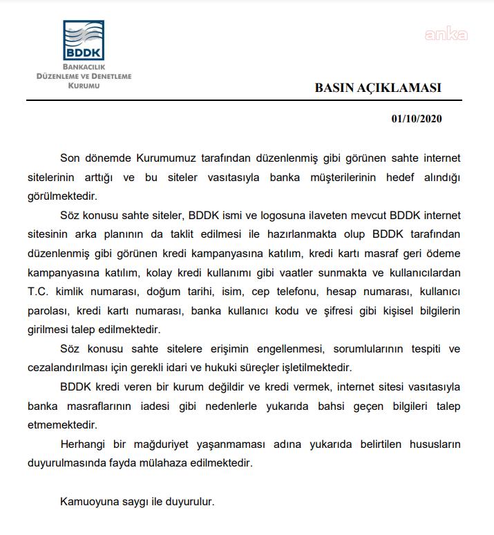 BDDK: KURUMUMUZA AİT GİBİ GÖRÜNEN SAHTE İNTERNET SİTELERİ İLE BANKA MÜŞTERİLERİ HEDEF ALINIYOR