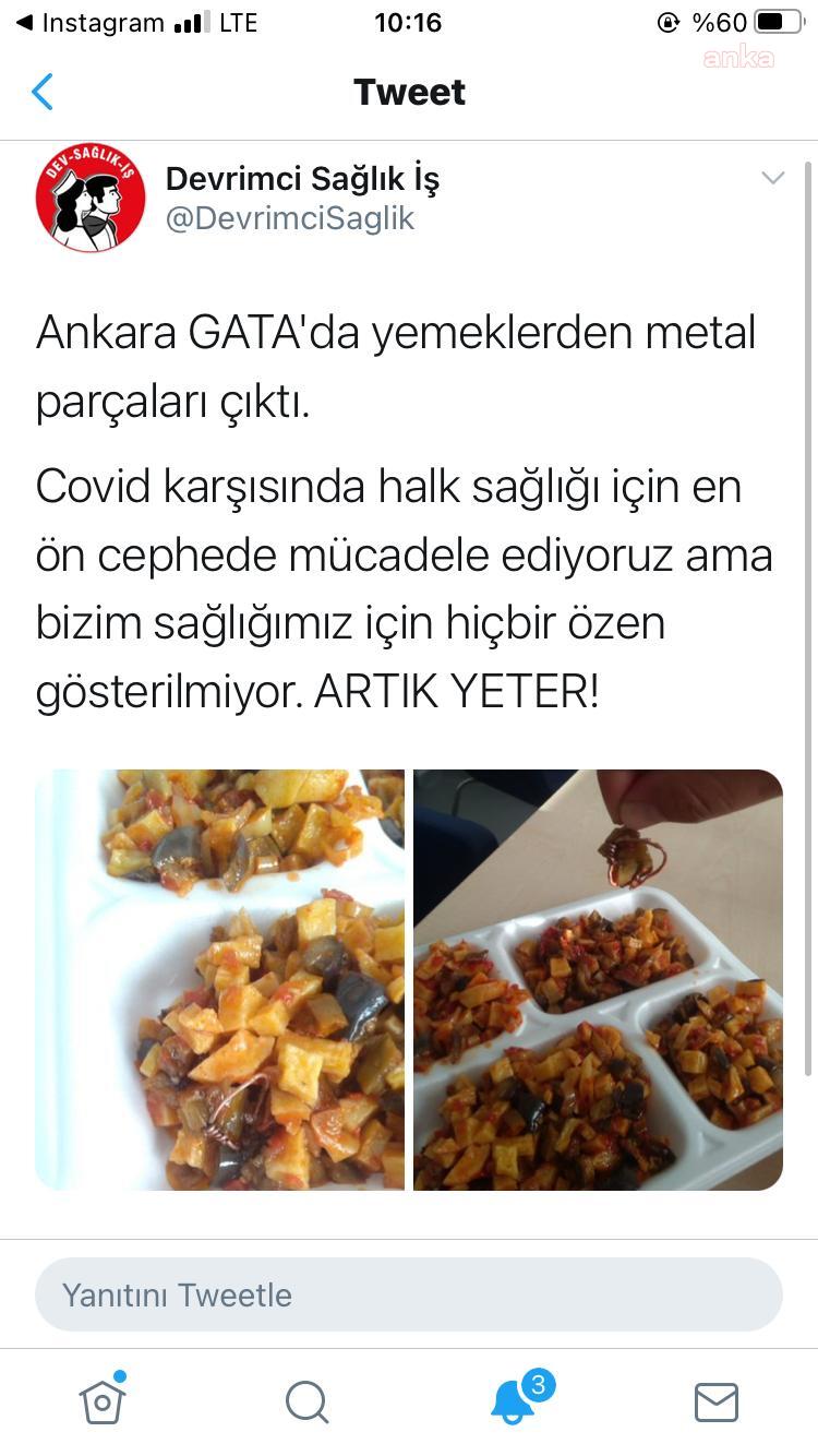 DEVRİMCİ SAĞLIK İŞ: GATA'DA SAĞLIKÇILARIN YEMEĞİNDEN METAL PARÇASI ÇIKTI