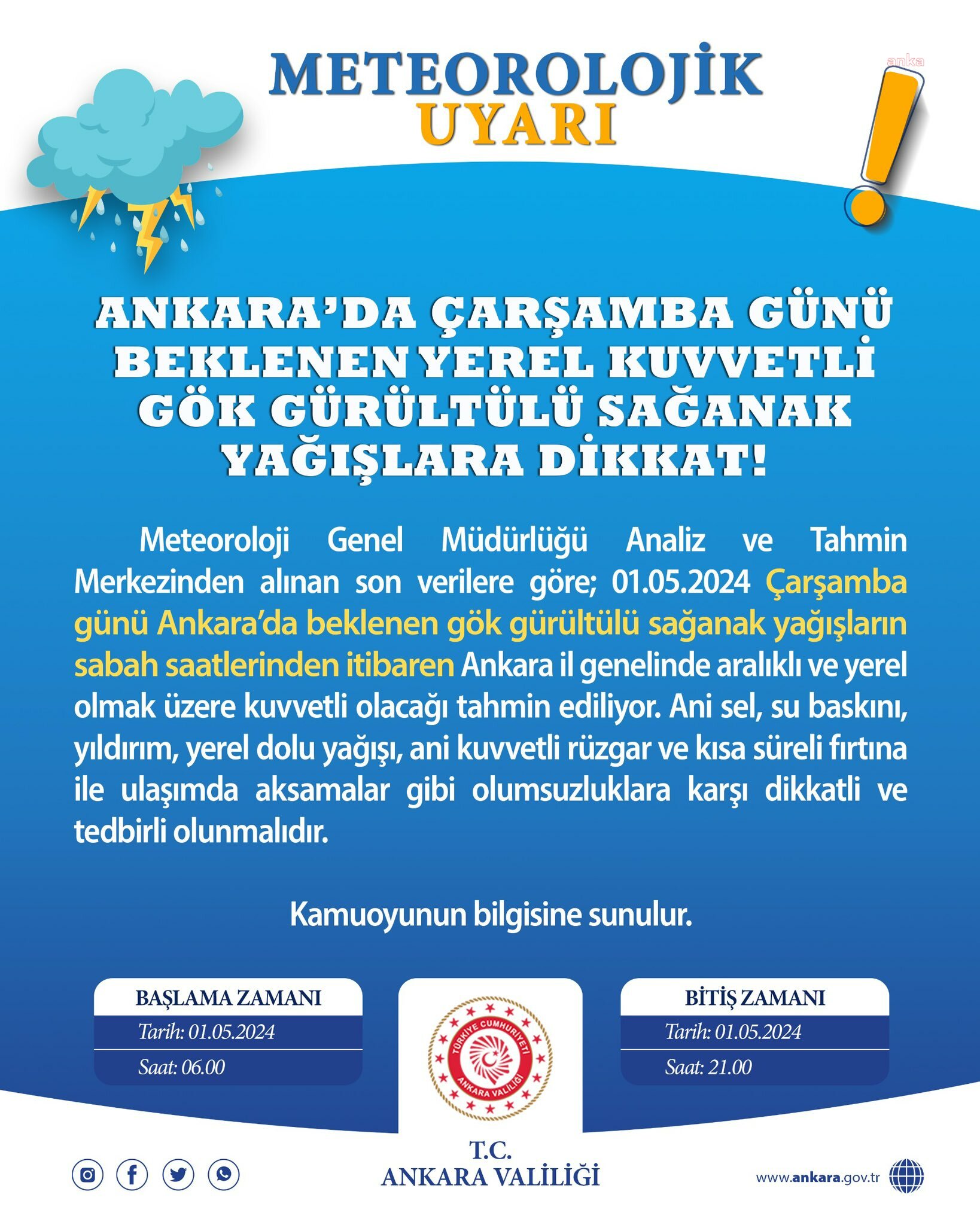 ANKARA VALİLİĞİNDEN 1 MAYIS İÇİN "KUVVETLİ YAĞIŞ" UYARISI