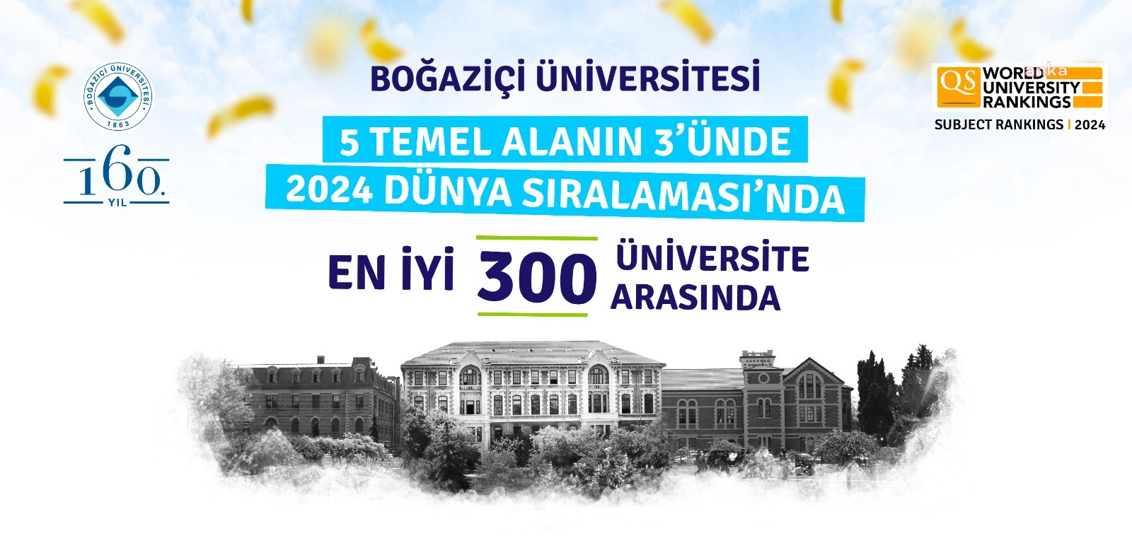 BOĞAZİÇİ ÜNİVERSİTESİ 5 TEMEL ALANIN 3'ÜNDE DÜNYADA İLK 300'DE