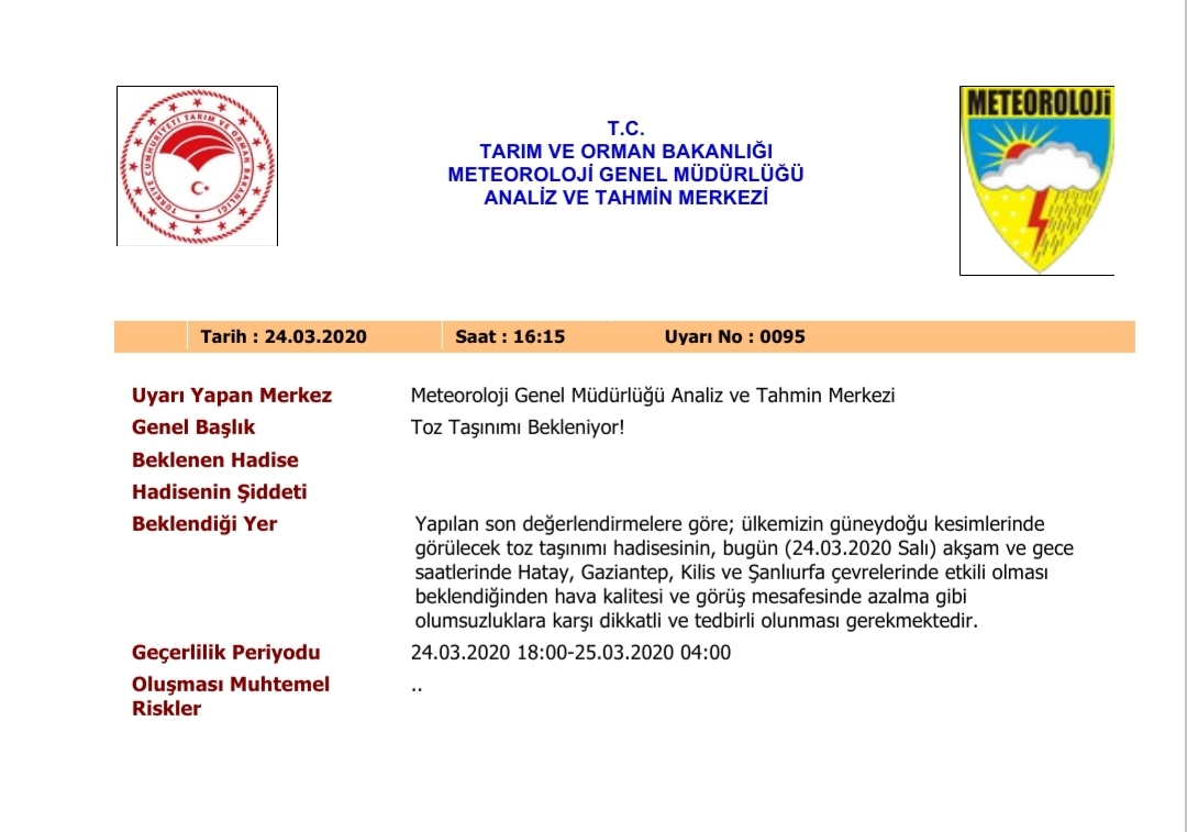 METEOROLOJİ'DEN TOZ TAŞINIMI UYARISI