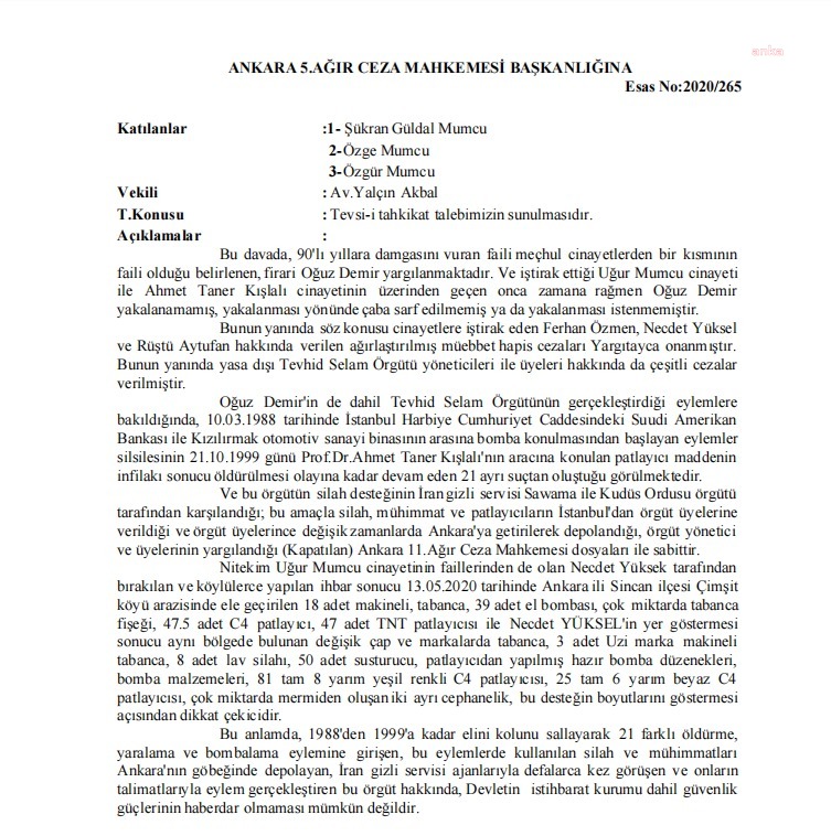 Uğur Mumcu suikastı davası... Mumcu ailesi, sanık Oğuz Demir'in yargılandığı davada Mehmet Ağar'ın dinlenmesini istedi