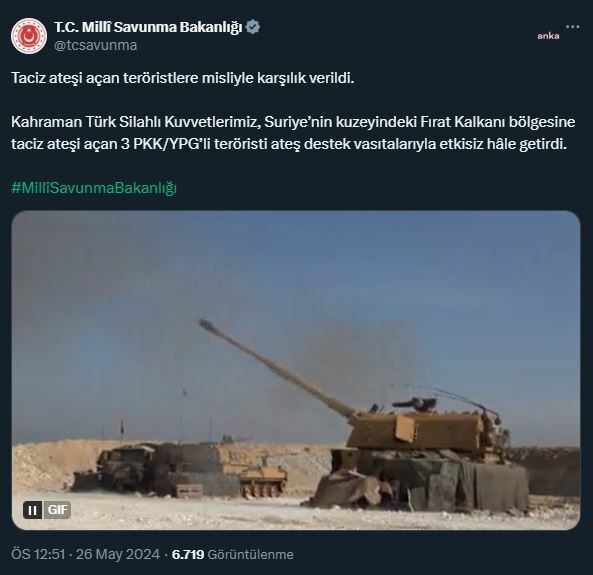 MSB: Fırat Kalkanı Bölgesi'nde 3 terörist etkisiz hale getirildi