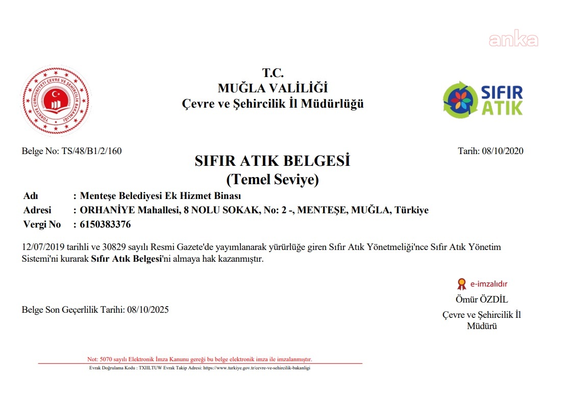 MENTEŞE BELEDİYESİ, SIFIR ATIK BELGESİ ALMAYA HAK KAZANDI
