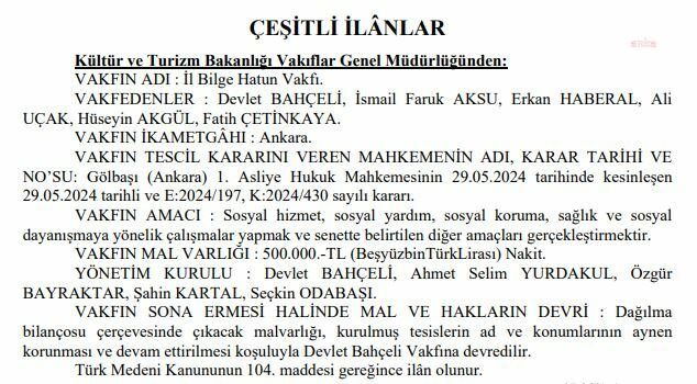 Bahçeli'nin de kurucuları arasında olduğu ''İl Bilge Hatun Vakfı'' Kuruldu