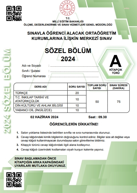 LGS sınavı soru ve cevap anahtarları yayımlandı