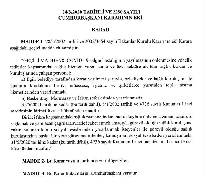 TÜM SAĞLIK PERSONELİNE ÜCRETSİZ ULAŞIM