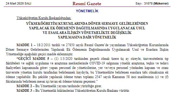 ÜNİVERSİTELERDE KORONAVİRÜS KARŞI GÖREV ALAN PERSONELE EK ÖDEME