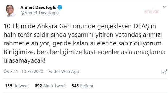 AHMET DAVUTOĞLU’DAN 10 EKİM AÇIKLAMASI: BİRLİĞİMİZE KAST EDENLER AMACINA ULAŞAMAYACAK