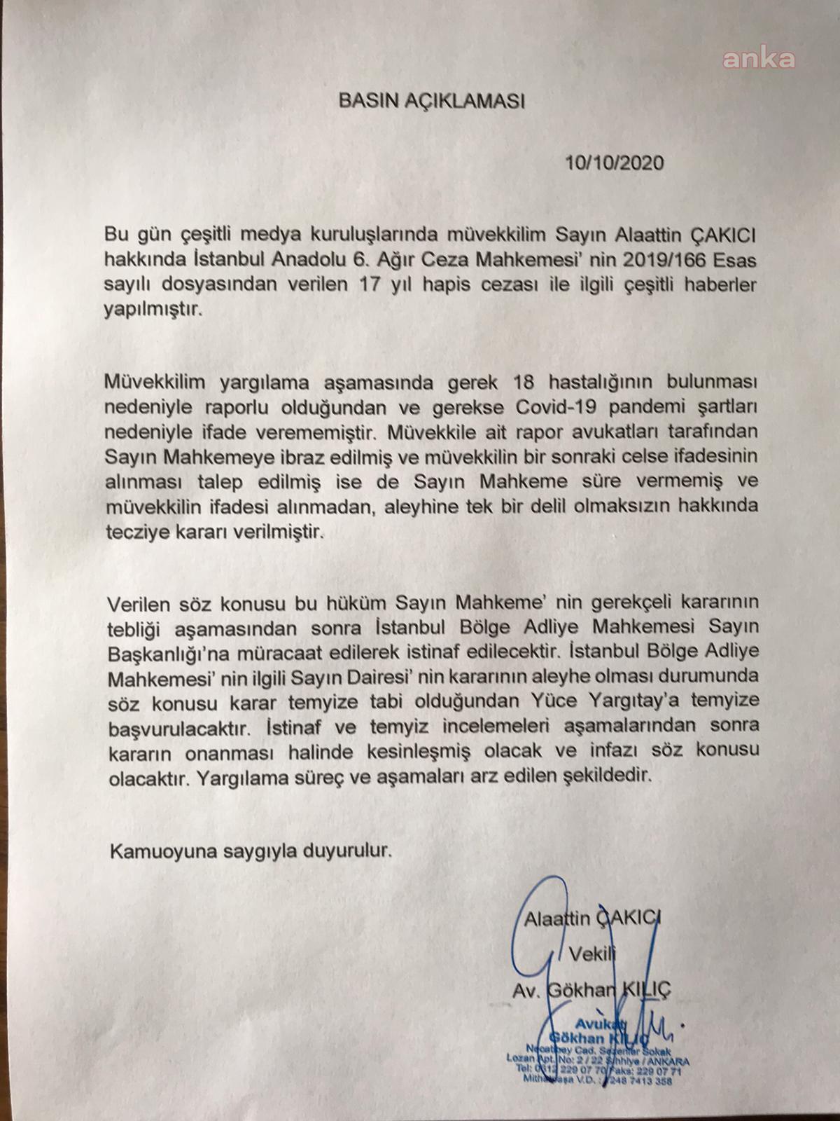 ÇAKICI, 17 YIL HAPİS CEZASINI İSTİNAFA TAŞIYACAK