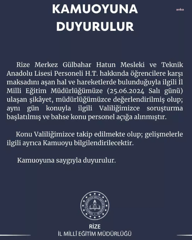 Rize'de meslek lisesinde taciz iddiası... Personel açığa alındı, konuyla ilgili soruşturma başlatıldı