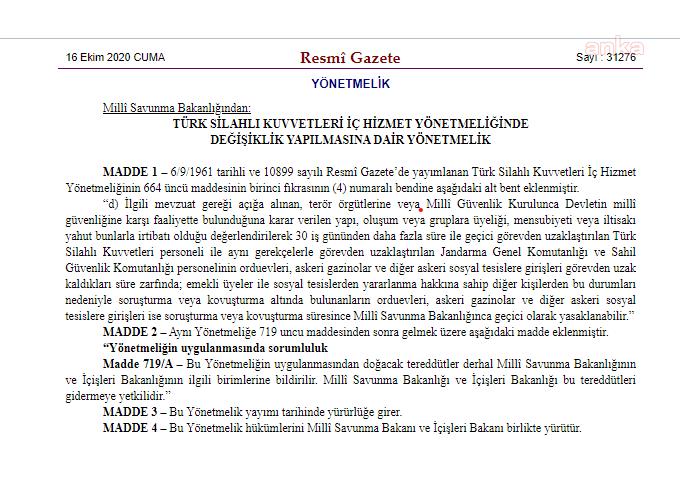 AÇIĞA ALINAN SUBAY-ASTSUBAYA ORDUEVİ YASAĞI