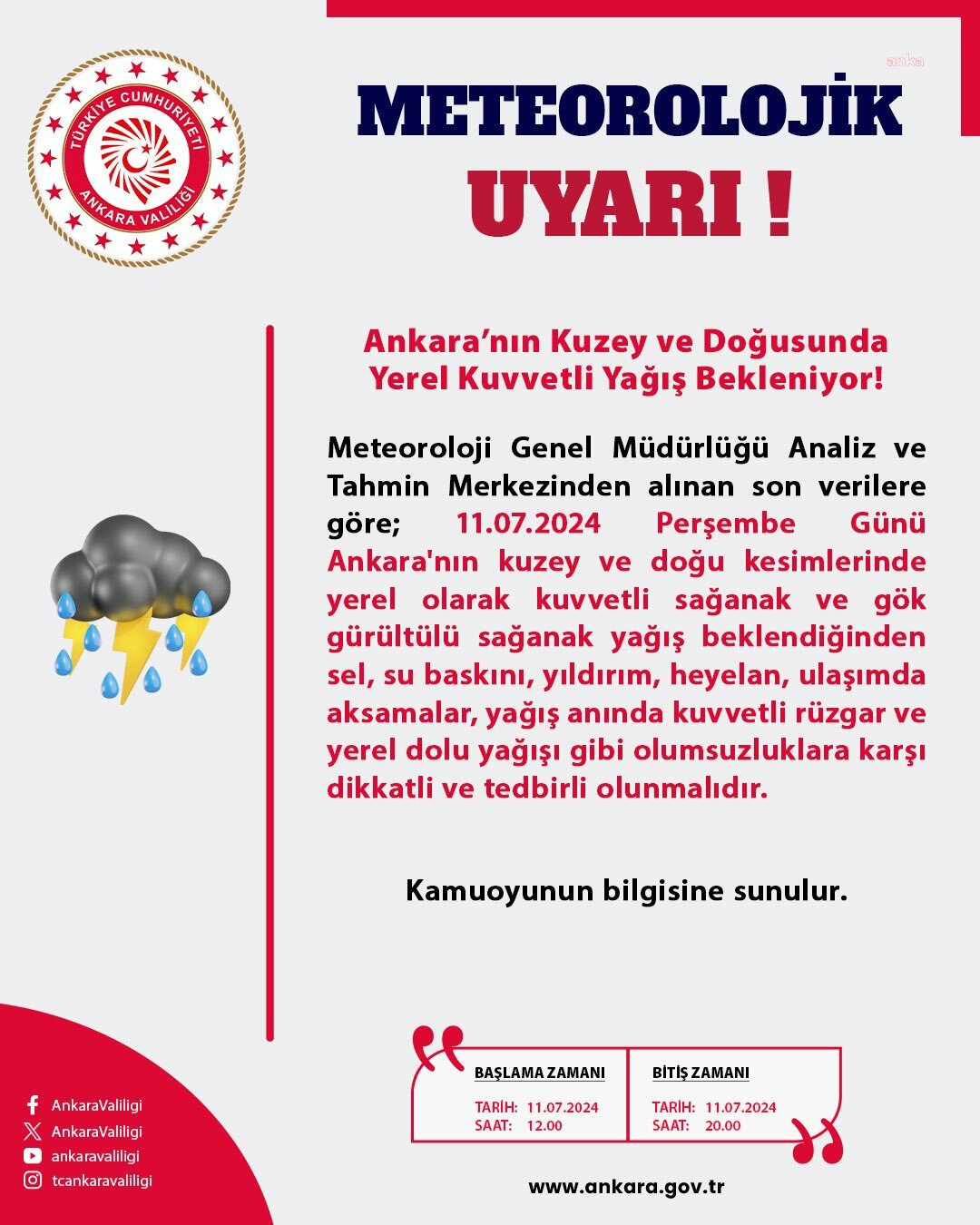 Ankara Valiliği'nden yarın için Ankaralılara kuvvetli yağış uyarısı...