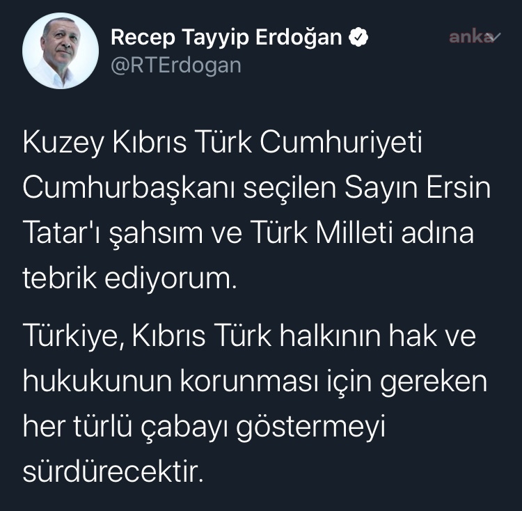 CUMHURBAŞKANI ERDOĞAN’DAN ERSİN TATAR’A TEBRİK MESAJI