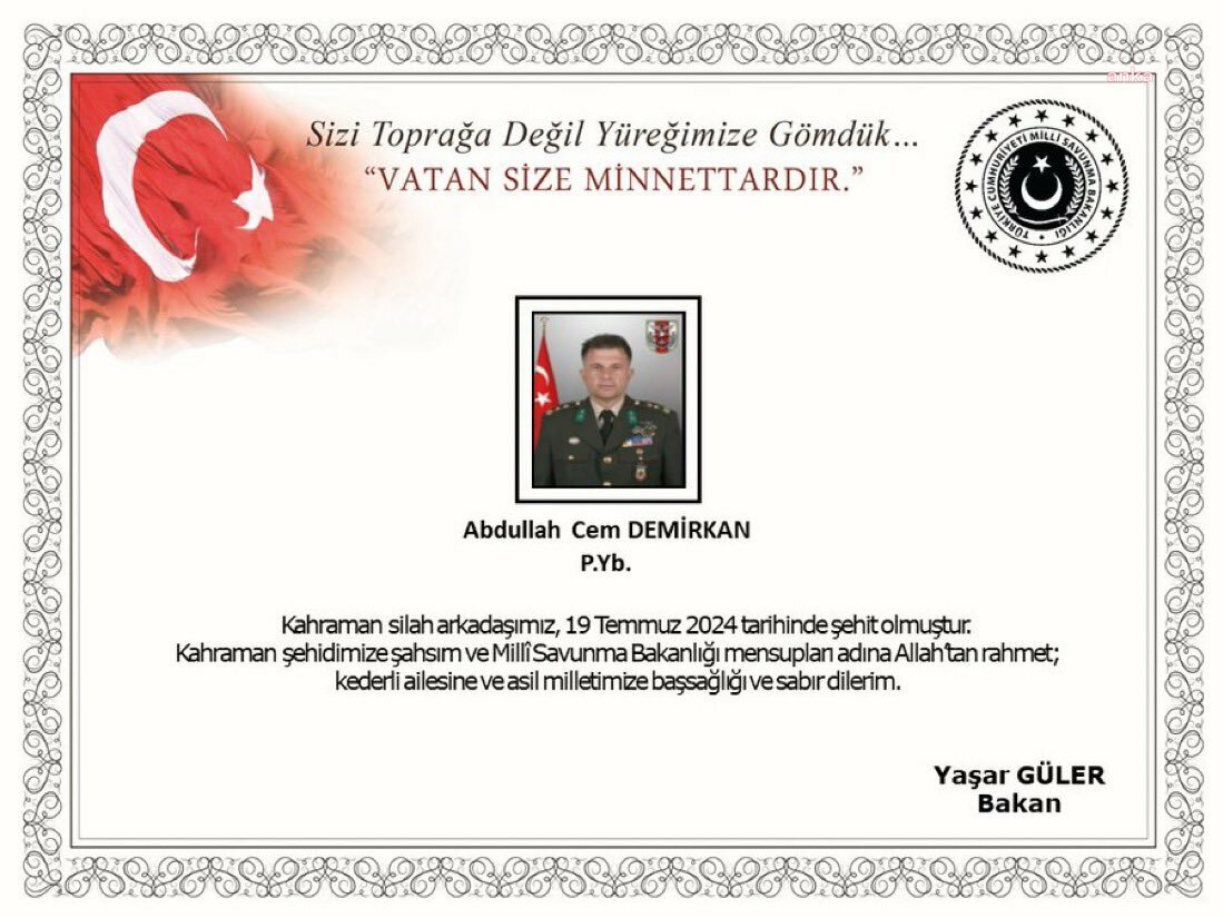 MSB: “Pençe-Kilit bölgesinde yaralanan Askerimiz şehit Oldu”