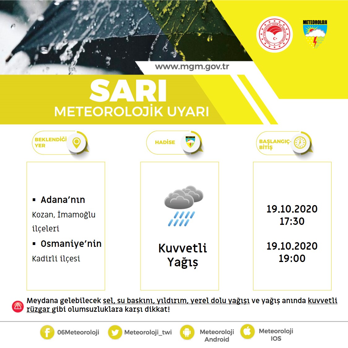 METEOROLOJİ'DEN ADANA VE OSMANİYE'YE SEL VE DOLU UYARISI