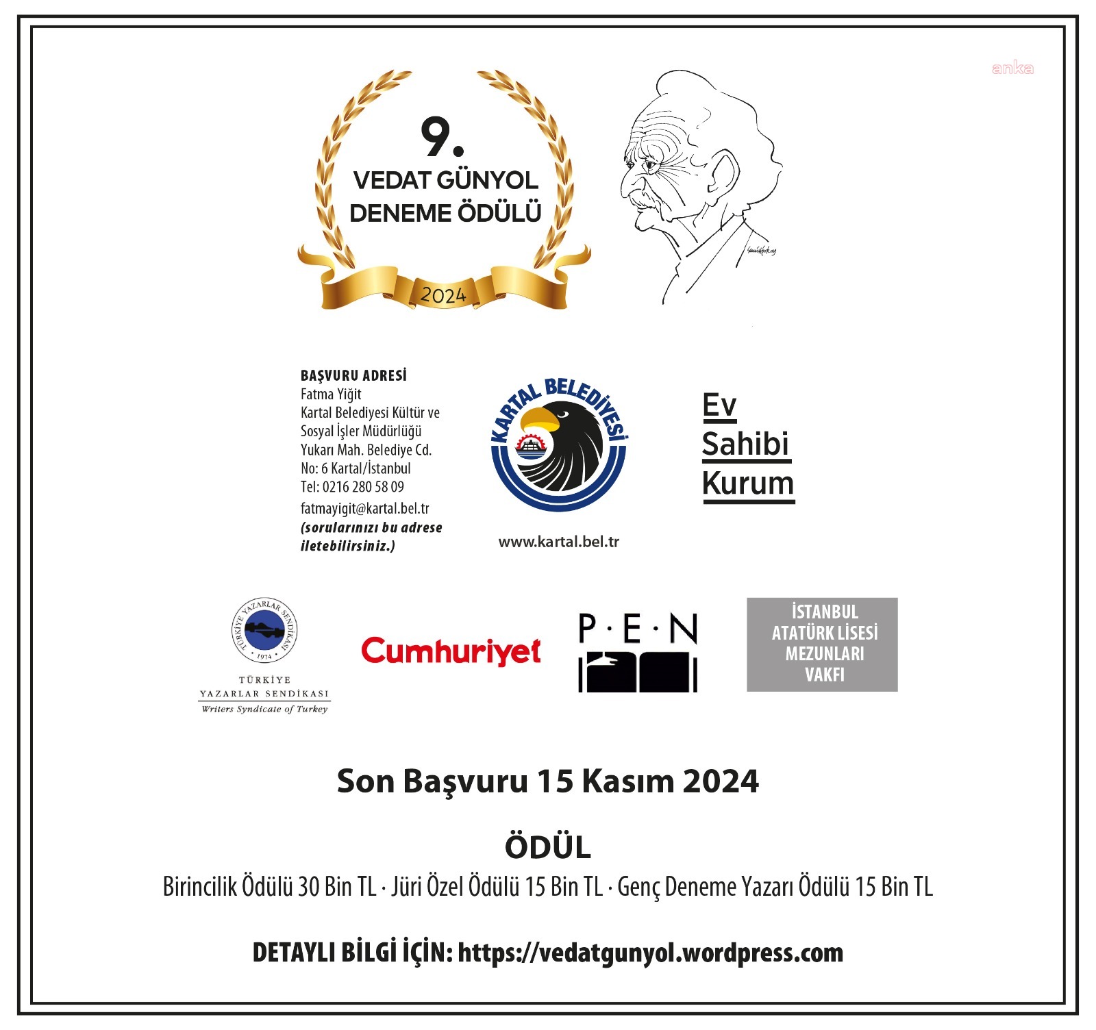 Kartal Belediyesi’nin “Vedat Günyol 9. Deneme Ödülü Yarışması” için başvurular başladı