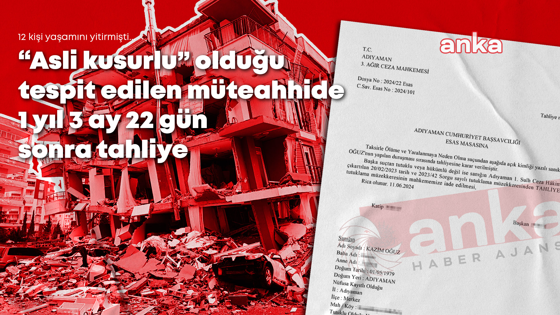 12 kişiye mezar olan Burak Yapı Sitesi raporunda "asli kusurlu" olduğu tespit edilen müteahhide 1 yıl 3 ay 22 gün sonra tahliye