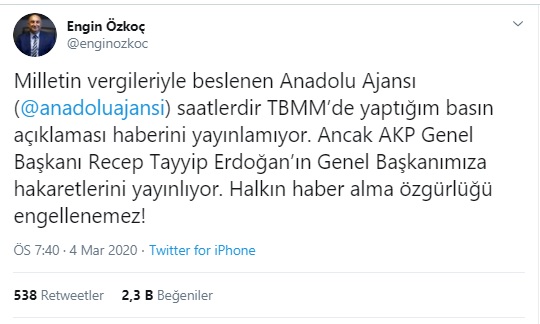 CHP’Lİ ÖZKOÇ'TAN ANADOLU AJANSINA TEPKİ