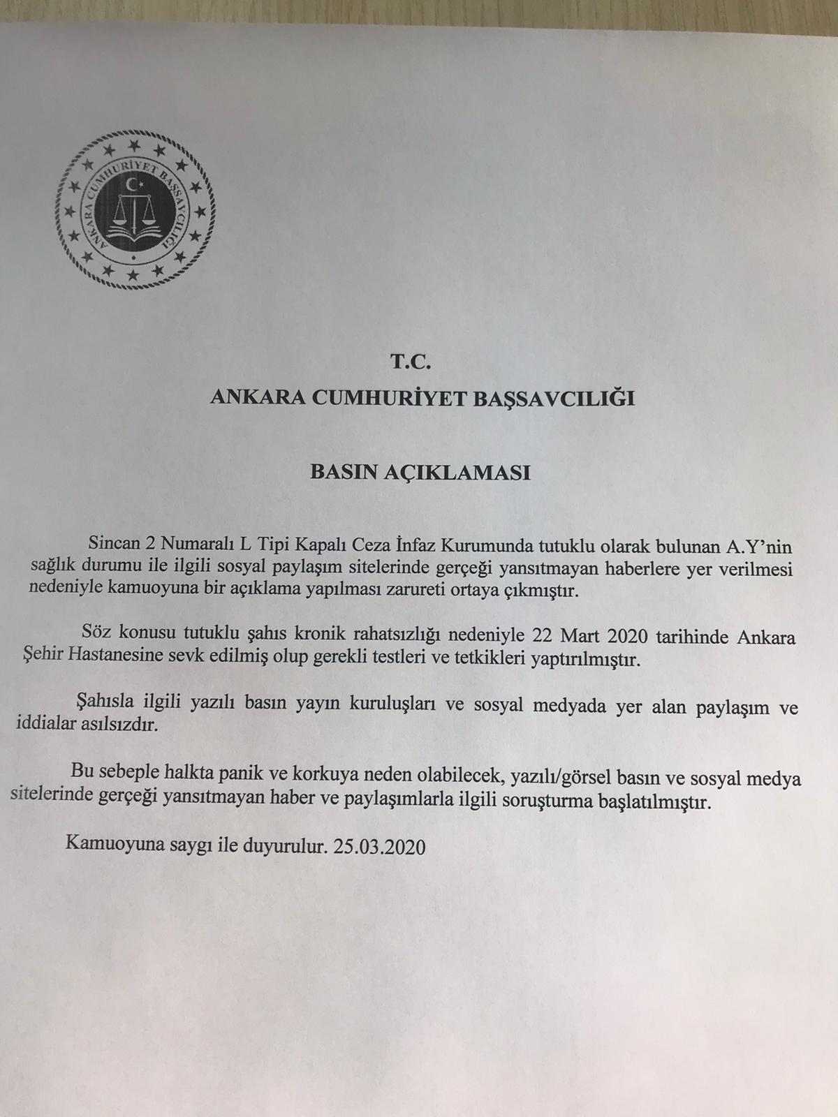 ANKARA CUMHURİYET BAŞSAVCILIĞI:  SİNCAN CEZAEVİ'NDE KORONAVİRÜSLÜ MAHKUM YOK