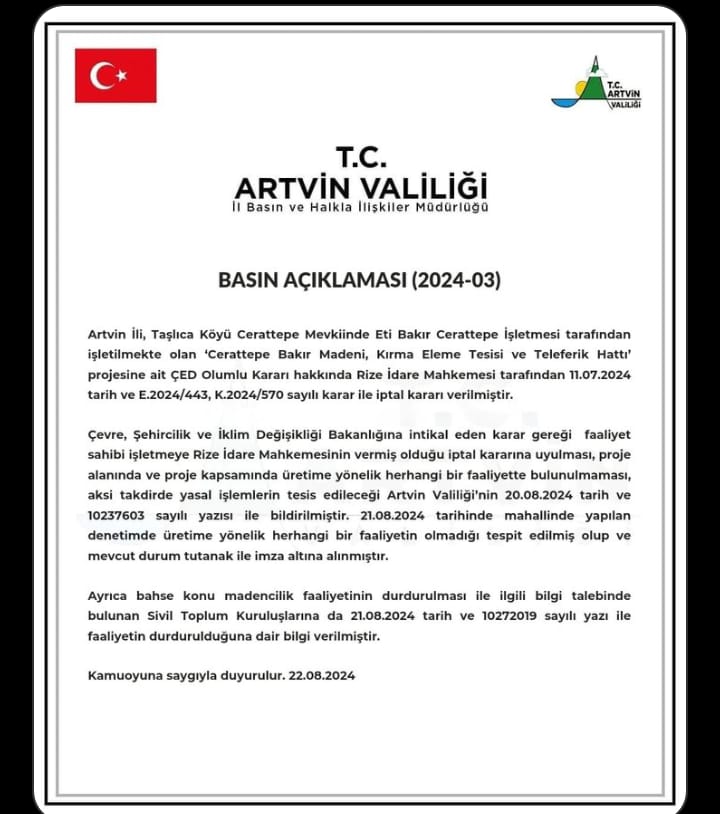 Artvin Valiliğinden Cengiz Holding'e Cerattepe uyarısı:  ''ÇED olumlu kararı iptal edildi, karara uyun''