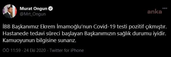 İBB BAŞKANI İMAMOĞLU KORONAVİRÜSE YAKALANDI
