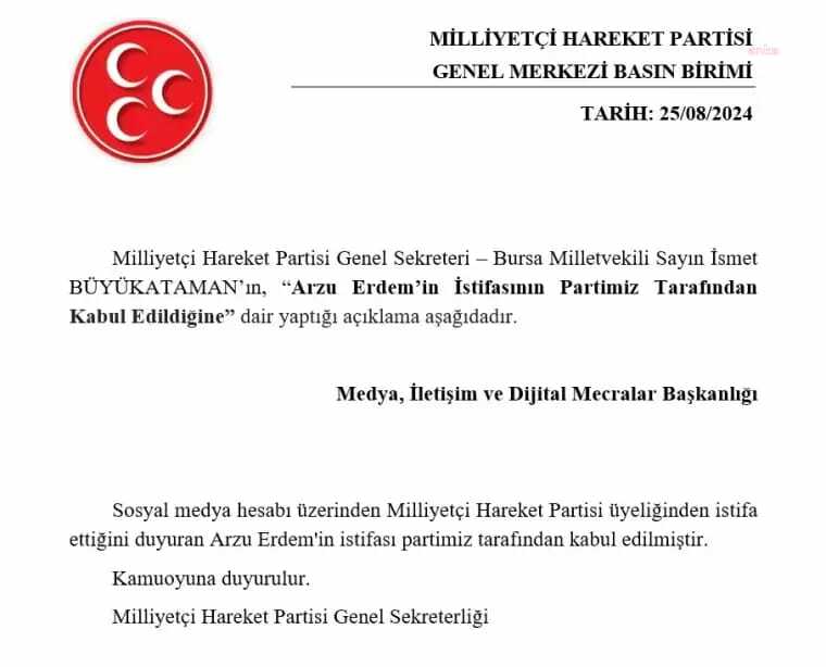 MHP'den açıklama: "Arzu Erdem'in istifası partimiz tarafından kabul edilmiştir"
