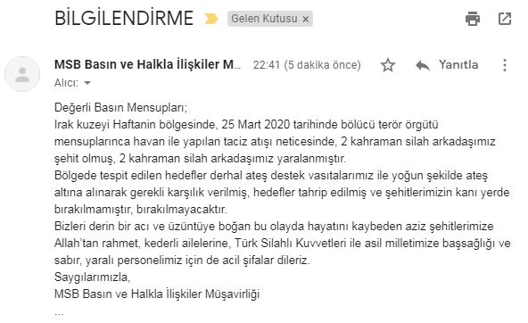 MSB: KUZEY IRAK’TA 2 ŞEHİT, 2 YARALI
