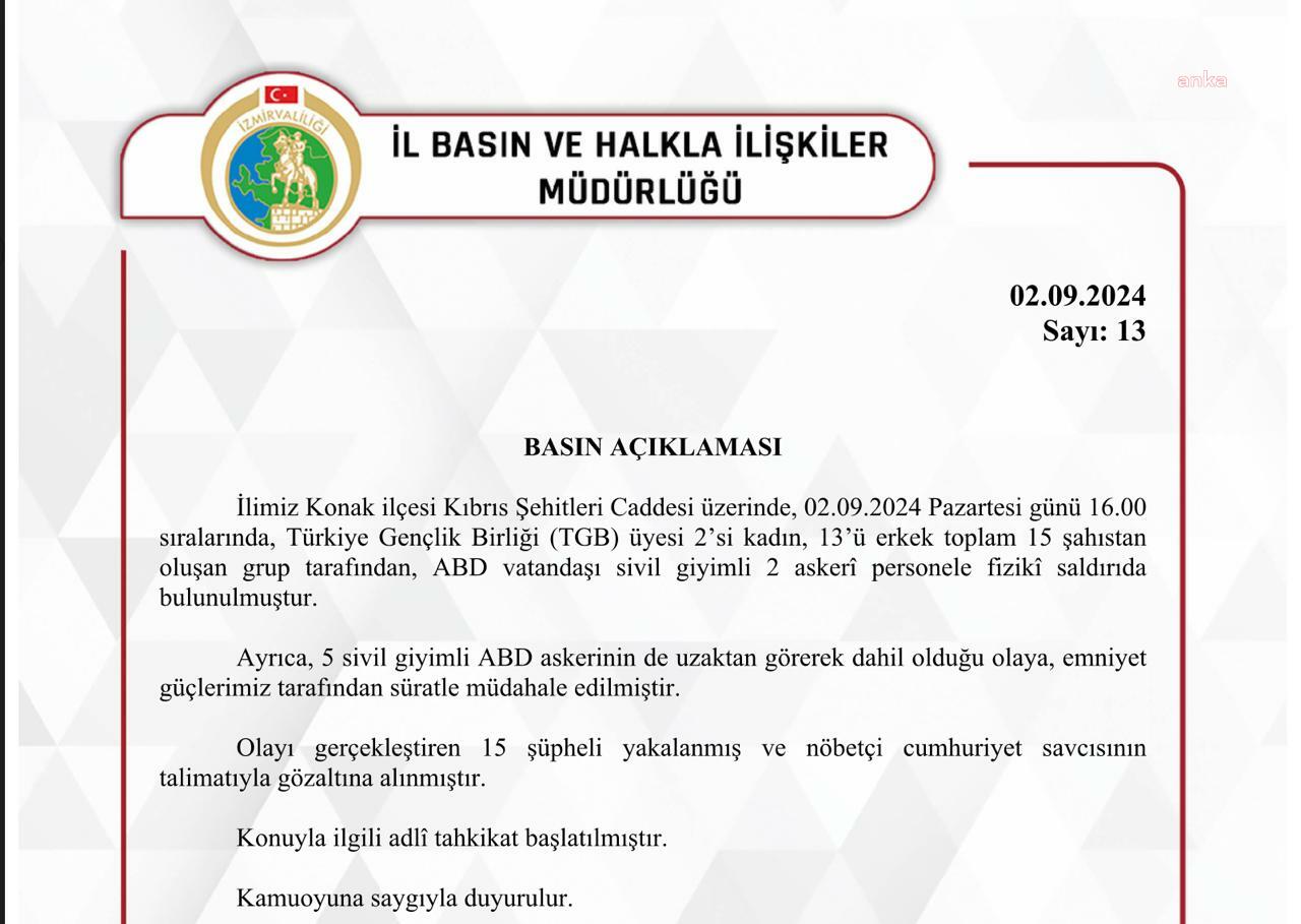 İzmir'de ABD askerinin kafasına çuval geçirilmesine ilişkin valilikten açıklama