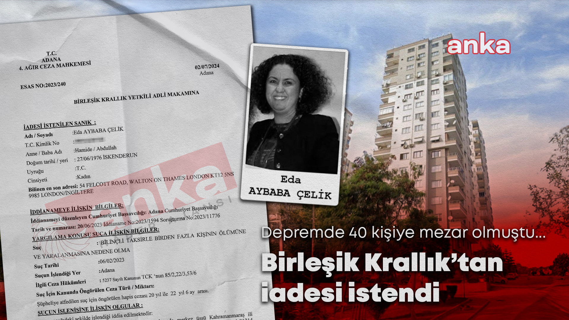 Depremde 40 kişiye mezar olan Sami Bey Apartmanı davasında, sanık Eda Aybaba Çelik'in Birleşik Krallık'tan iadesi istendi