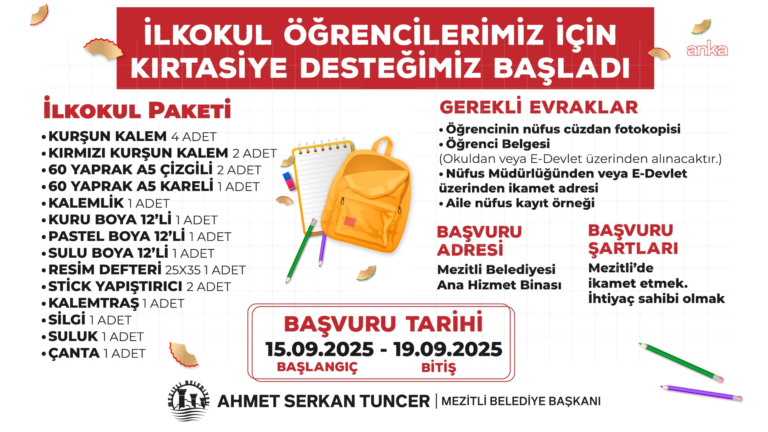 Mezitli Belediyesi’nden öğrencilere kırtasiye desteği