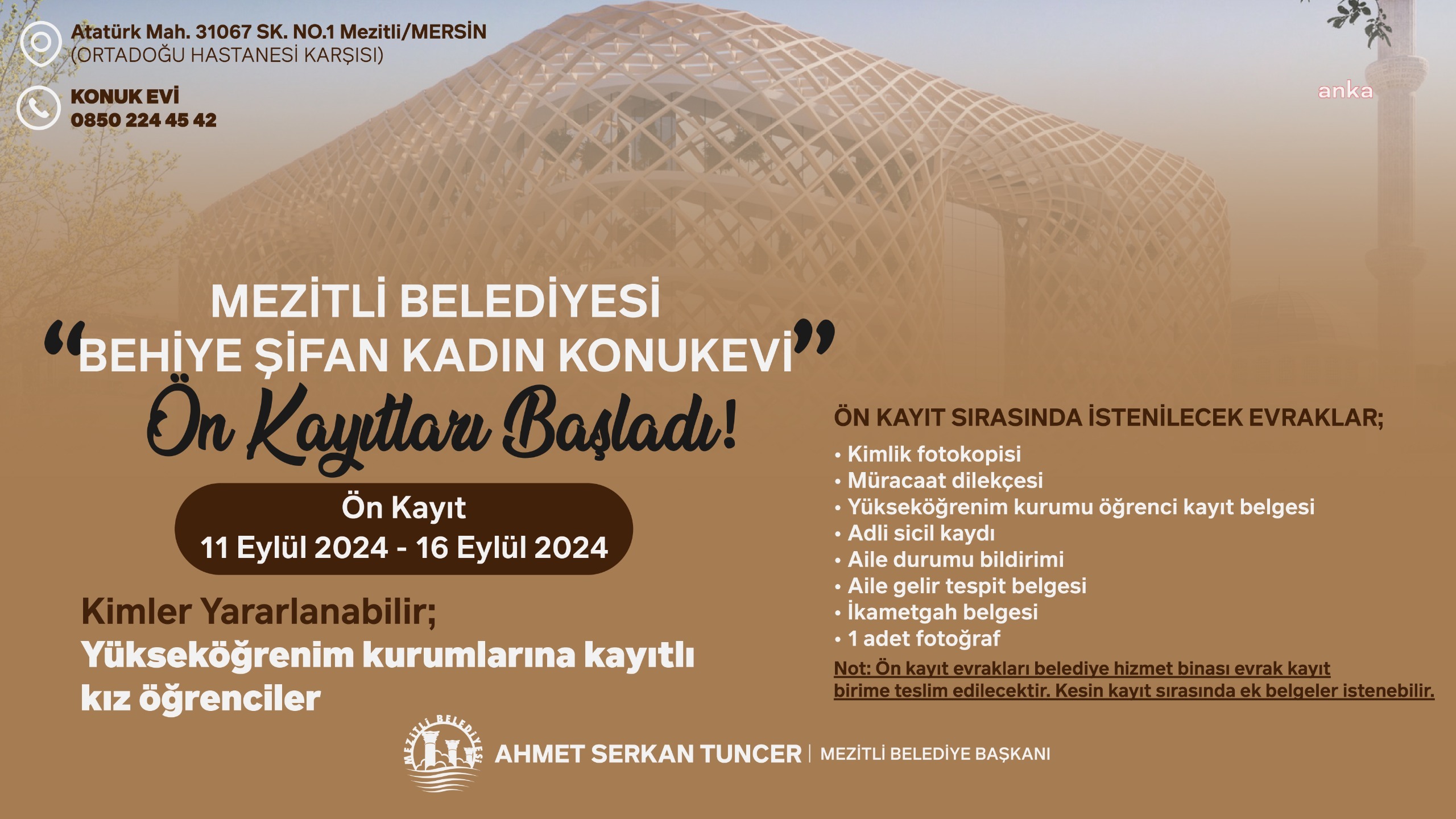 Mezitli Belediyesi'nin Behiye Şifan Kadın Konukevi için başvurular başladı