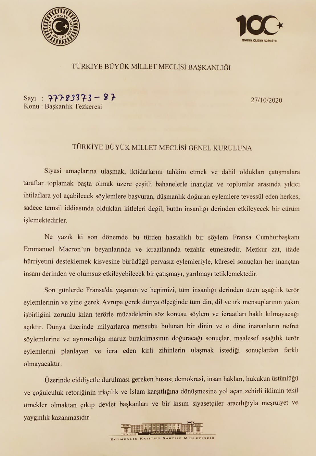 TBMM’DE 4 PARTİDEN MACRON’A ORTAK KINAMA BİLDİRİSİ ÇIKTI