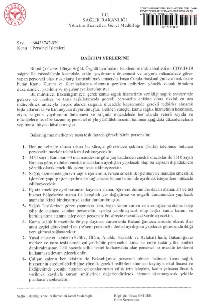 SAĞLIK BAKANLIĞI'NDAN GENELGE: SAĞLIK ÇALIŞANLARININ İZİNLERİ DURDURULDU, İSTİFA ETMEK YASAKLANDI