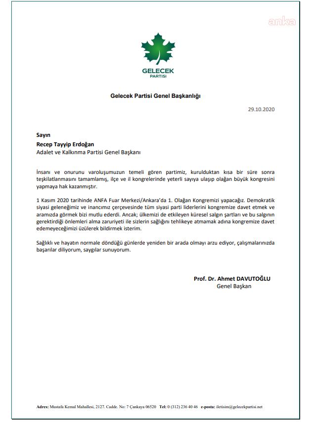 DAVUTOĞLU’NDAN BİR İLK: ERDOĞAN'A "SAĞLINIZI TEHLİKEYE ATMAMAK İÇİN KONGREMİZE DAVET EDEMİYORUZ" MEKTUBU GÖNDERDİ